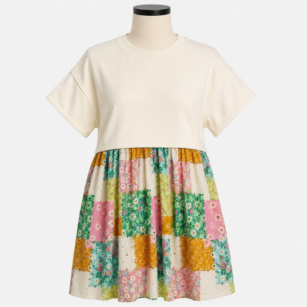 In February Cream Patchwork Floral Mixed Media Mini Dress Women's Small